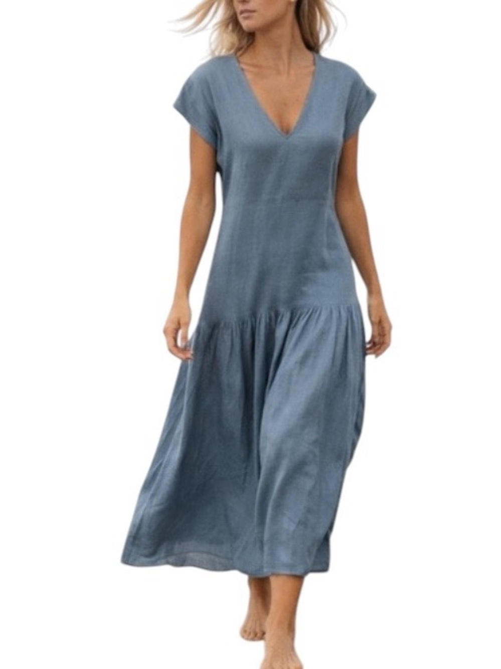 Lanhtropy Delia Blue 100% Linen Maxi Dress Resortwear Coastal Vacation lagenlook
